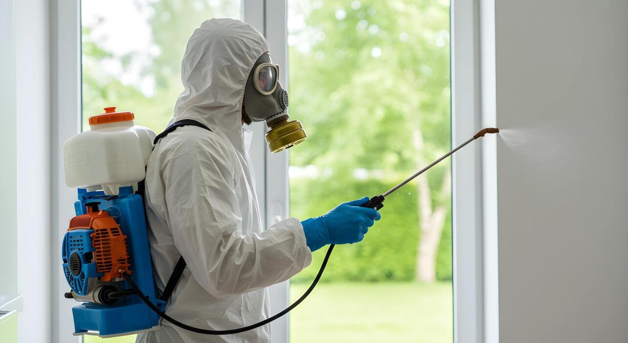 pest-control-worker-sprays-wall-in-white-suit-and-gas-mask-free-photo